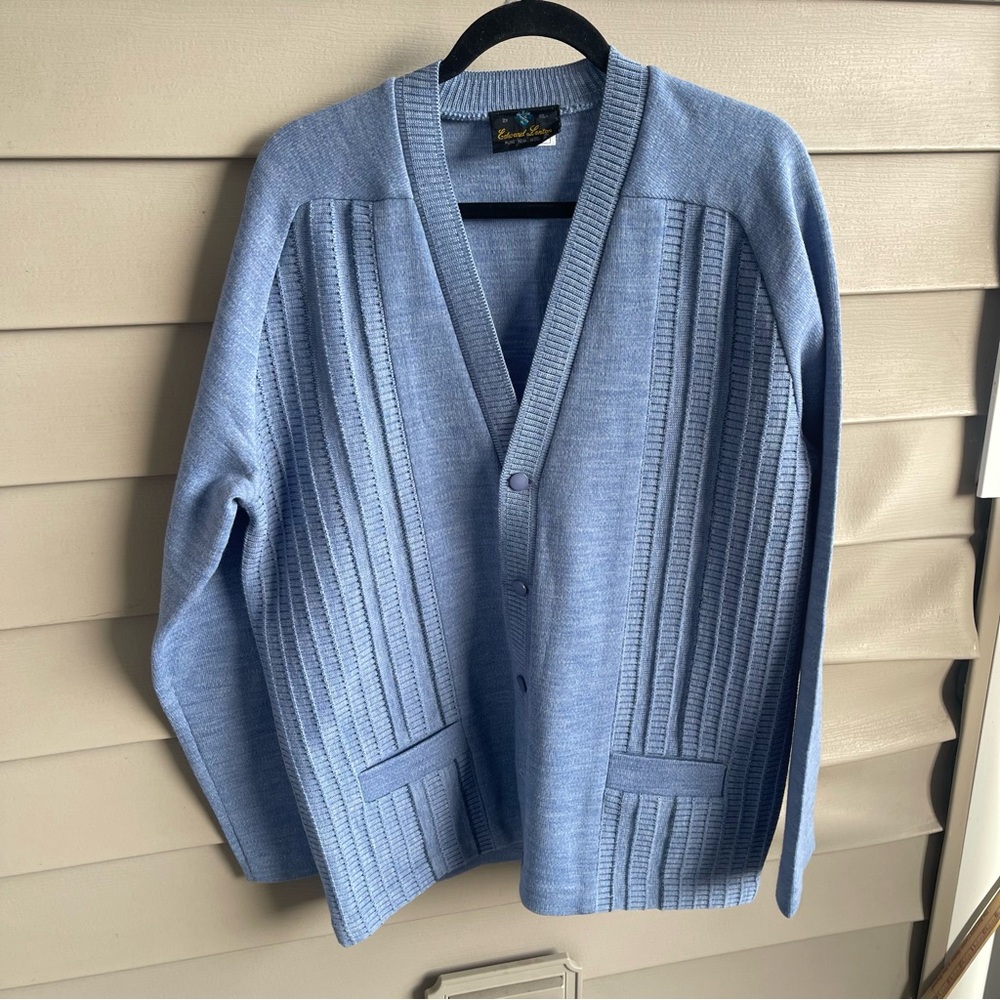 VTG Edward Lenton‎ 100% Wool Cardigan Sweater Womens Blue Sz 2x Carrier Layering